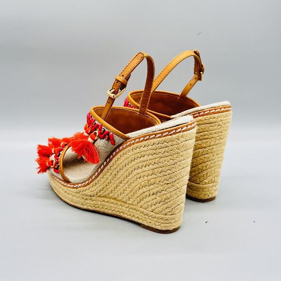 Tory Burch Sandals Womens 7.5 Beige Linen Espadrille Platform Wedge Tassel Shoes - Picture 5 of 11